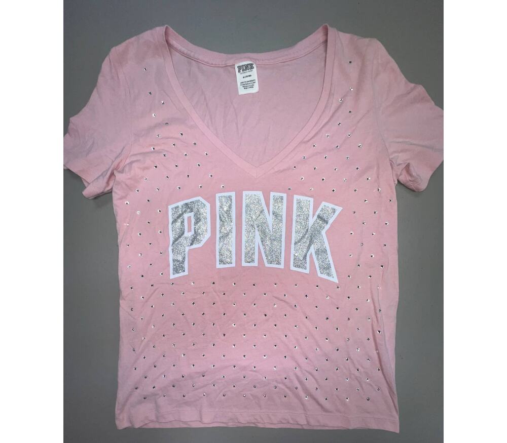 Pink Victoria's Secret Blush Pink Tee Glitter & Rhinestones Size M EUC